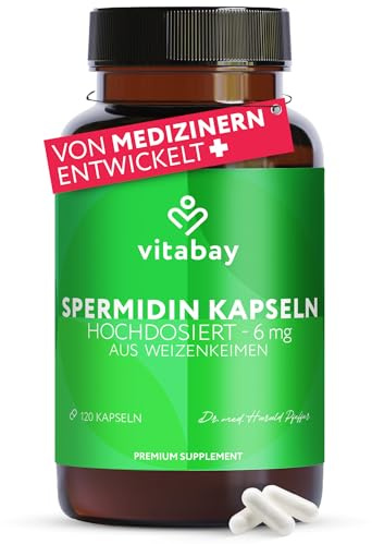 Vitabay Spermidine 6 mg hautement dosée – 120 gélules véganes à base d’extrait de germe de blé fermenté – fabrication naturelle – testée en laboratoire en Allemagne & sans additifs – réserve 4 mois
