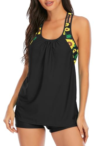 Century Star Tankini pour femme - Maillot de bain ventre plat - Maillot de bain avec maillot de bain deux pièces push-up - Grandes tailles, Jaune tournesol, 42-44