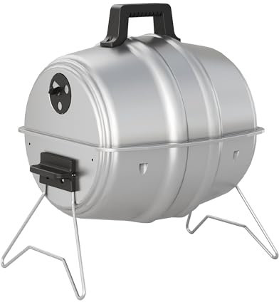 Americana Grills Keg A Que Barbacoa de carbón, barbacoa portátil al aire libre con capucha duradera con recubrimiento en polvo, área de cocción de 186 pulgadas cuadradas, color plateado
