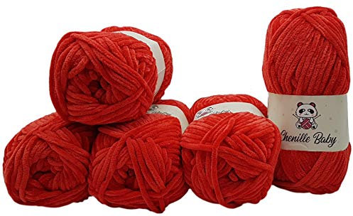 500 Gramm Ilkadim Export Chenille Baby Strickgarn einfarbig, Babywolle, 5 x 100 Gramm Polyester Strickwolle Super Bulky, Babywolle einfarbig (rot 100-08)