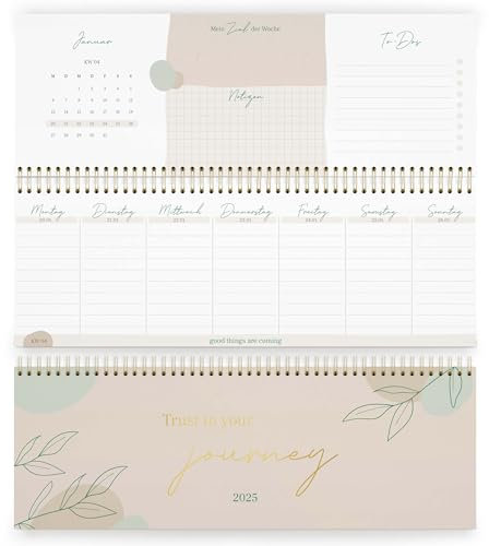 KIND OF HAZEL® Tischkalender 2025 Beige I Tischkalender 2025 Quer mit To Do Listen & Notizen I Hochwertiger Stehkalender Wochenplaner mit Goldfolienprägung | Schreibtisch Kalender 2024 Drehkalender