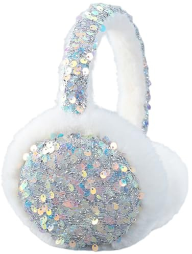 Copbopwn Plush Ear Muffs for Kids, Girls, Women - Winter Fluffy Sequin Earmuffs, White Outdoor Ear Warmer, Ski Accessories