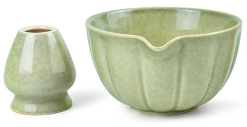 Artcome Matcha Bowl with Pouring Spout and Whisk Holder Set – Premium Ceramic Matcha Tea Bowl with Convenient Spout and Bamboo Whisk Stand for Traditional Japanese Tea Ceremony