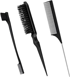 3 Pcs Slick Back Hair Brush Set with Edge Brush, Rat Tail Comb, Bristle Brush, Teasing Brush Set for Smoothing Baby Hair & Flyaways