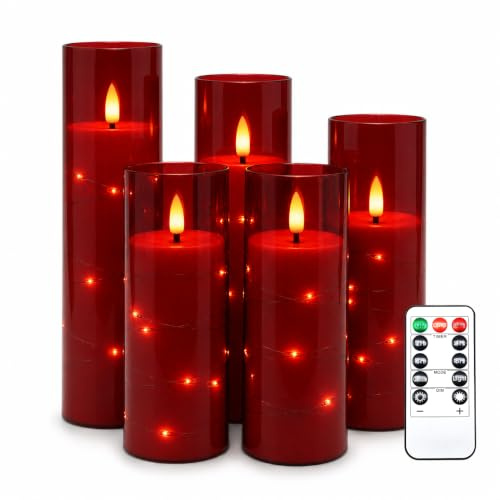 Da by 5 Stück Rote LED Kerzen mit Feenlichtkette & Glasabdeckung, Schwarzer Flackerflammenkopf, Batteriebetrieben mit Fernbedienung, Wetterfest Wiederverwendbar für Innen- und Außendekoration