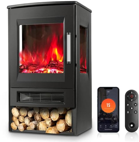 Cecaylie Cheminée électrique avec Chauffage, Chauffage électrique, avec Flammes LED et minuterie, Télécommande WiFi, Thermostat réglable, Chauffage 900W/1800W Feu de cheminée électrique