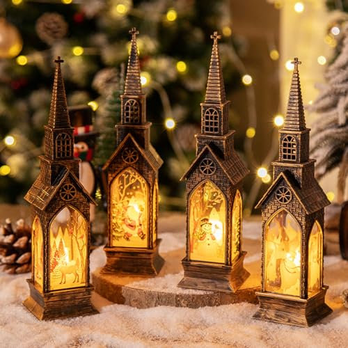 Weihnachtsdeko Laterne Häuser mit LED Licht,2 Stück Kunststoff Weihnachtslaterne Weihnachten Deko Weihnachtsmann Schneemann Häuser Beleuchtete Laterne Weihnachtsbeleuchtung für Weinachtsdeko Innen (C)