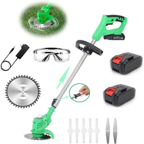 Tagliabordi, Tagliabordi, Tagliabordi a batteria, Tagliabordi da giardino, Potente tagliaerba da giardino, con 2 batterie agli ioni di litio e lame, con asta e regolabile per potatura di prati e gia