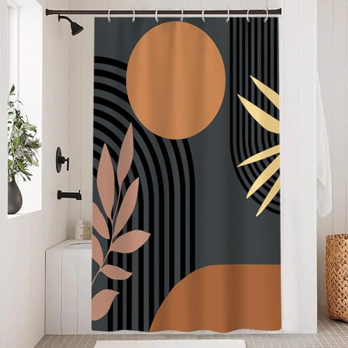 Uiiooazy Tenda Doccia Antimuffa 120x200cm Nero Grigio Boho Chic Arancione | Tenda da Doccia Sole Terracotta Foglie Rosa Impermeabile Tessuto in Poliestere Lavabile per Vasca da Bagno con 8 Anelli
