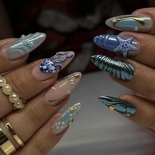 GlamRays Summer Press on Nails 3D Fingernagelimitate Perlmuschel Seestern Designs Akrylnägel Glanzvolle Vollabdeckung Blaues Meer Falsche Nägel Gel Kleber auf Nägel 24 Stück