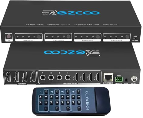 4K @ 60Hz HDMI Matrix 4X4 HDR Koaxial Audio Breakout - HDCP 2.2 HDMI 2.0 Matrix 4x4 18Gbps with IR Receiver Remote, IP Control, RS232, Scaler 4K to 1080P EDID Manage MX44-HAS2