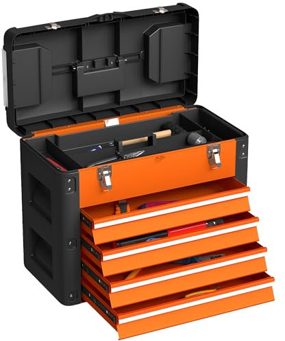 HOMCOM 4 Drawers Large Tool Box, Powder Coated Steel Toolbox with Top Tray, Mini Parts Boxes, Ball Bearing Runners, Handle, Heavy Duty Tool Chest for Workshop, Garage, 497mm x 253mm x 407mm, Orange