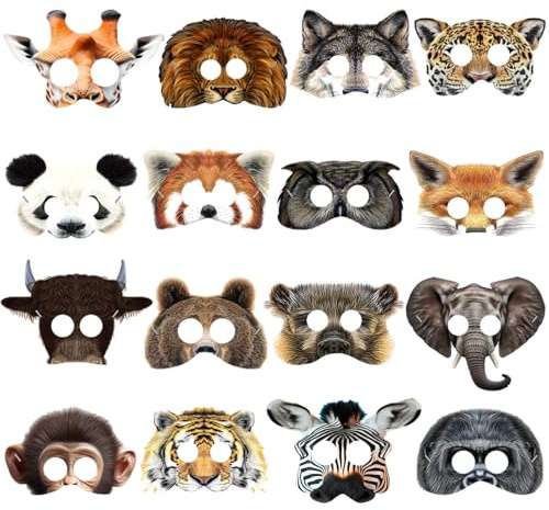 XIABYAYU Maschere Animali Giungla, 16 Pcs Maschera Animali Bambini, Maschera Bambini, Maschere per Feste Compleanno, Halloween, Carnevale, Cosplay