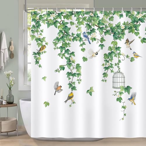 COZZSNUGE Duschvorhang 180 x 180 cm Efeu Blätter, Grüne Hängerebe Vögel Blumen Pflanze Duschvorhänge Anti-schimmel Wasserdicht Polyester Badvorhang mit 12 Duschvorhangringen