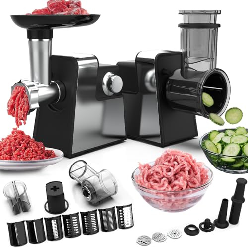 Electric Cheese Grater and Meat Grinder 2 in 1, Multi-function Vegetable Cutter, Salad Shooter, Sausage Stuffer Maker & Kit with 7 Blades for Home Kitchen