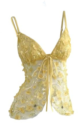 SHENHE Women's Y2k Floral Sequin Cami Top Mesh Sheer Tie Front V Neck Summer Y2k Tank Top Yellow Small