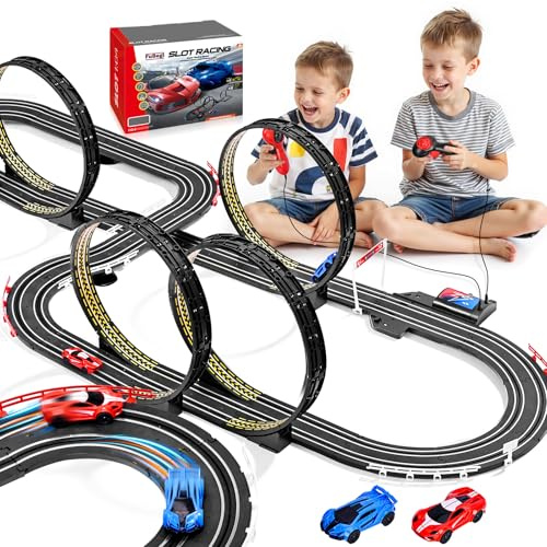 Racerbanor elektrisk slot bil racerbana set för barn pojkar ålder 6–7 8–12, batteri elektriskt driven racerbana för barn, racing game 2 höghastighetsracerbil 1:64 skala