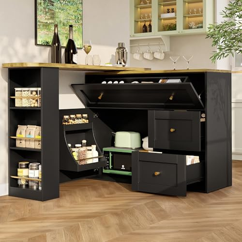 SogesHome Ausziehbarer Bartisch 138–204 cm – Küchenschrank & Sideboard mit Stauraum, Snackregal, 360° drehbar, Klappschubladen, Teleskopischer Stehtisch Kücheninsel (schwarz)