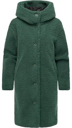 Ragwear Damen Teddymantel langer Wintermantel Plüschmantel mit Knopfleiste und Kapuze Joonie YOUMODO Pine Green Gr. XL