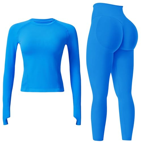JN JANPRINT Nahtlose Fitness-Sets für Damen, 2-teilig, langärmelig, Top, versteckte Scrunch-Leggings, Yoga-Outfits, Trainingsanzug
