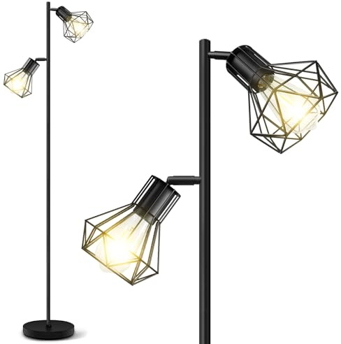 BBHome Lampadaire de salon, lampadaire industriel à 2 ampoules avec abat-jour métallique en forme de cage, E27 Lampadaires rustiques pour salon, chambre à coucher, bureau, 160 cm, noir (ampoule non in