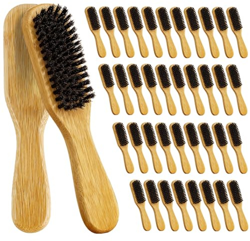 40 Pack Small Boar Bristle Hair Brush Bulk, Bamboo Handle -Slick Back Beard Brush, Hard Bristle Brush for Thick Hair, Curly, Frizz Control,Dual Use for Women & Men, Pet Grooming Cat & Dog