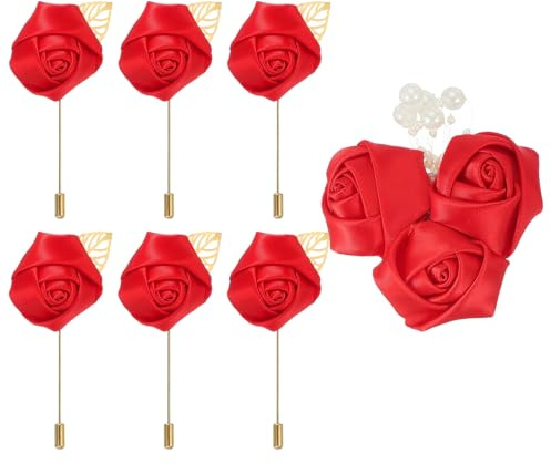 QUARKZMAN 7 stycken blommor broscher klarröd, bandrosor silkesmaterial, högkvalitativa broscher för kläder, lång nålform & nålstil nålblomma