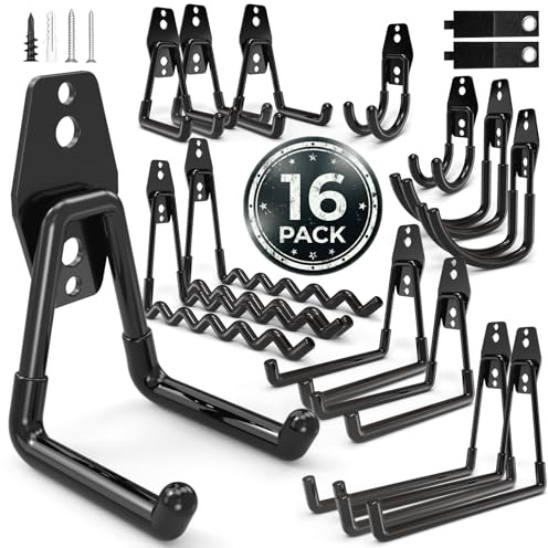 wallseffic 16 Pack Garage Hooks Heavy Duty Wall Mount Storage Hangers Holder Organizer, for Power Tool, Garden Yard Tools, Utility, Ladder, Hose