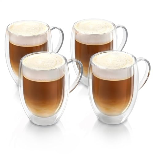 Arendo - doppelwandige Trinkgläser 350ml mit Henkel - Latte Macchiato Cappuccino Tee - 4er Set – Doppelwandglas - Thermotassen - spülmaschinengeeignet - Teetasse Kaffeetasse - Thermogläser