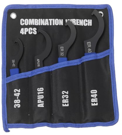 QUARKZMAN 4 Stück C-Haken Maulschlüssel Set 38-42/APU16/ER32/ER40 Stahl | Nuss Rückschlag Schlüssel, Spannzange Nuss, Mit hellblauer Rutschfester Griff Stofftasche, Für Drehmaschine Spannzange
