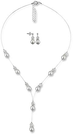 Rivelle Damen Brautschmuckset Y-Kette Ohrringe weiß Schmuckset Perlen Strasssteine kristall Collier Hochzeit Geschenkbox
