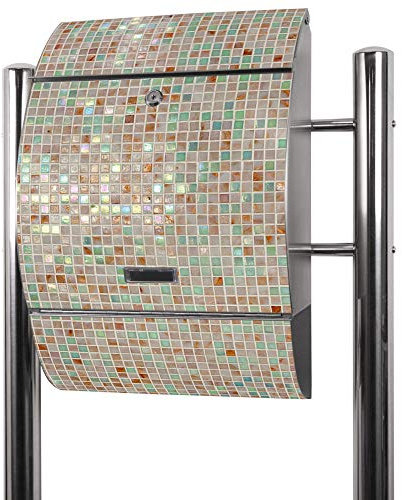 banjado® Standbriefkasten Edelstahl mit Zeitungsfach Motiv Grüne Fliesen/Briefkasten mit Standfuß/Edelstahl Briefkasten freistehend - A4 Einwurf inkl. 2 Schlüssel