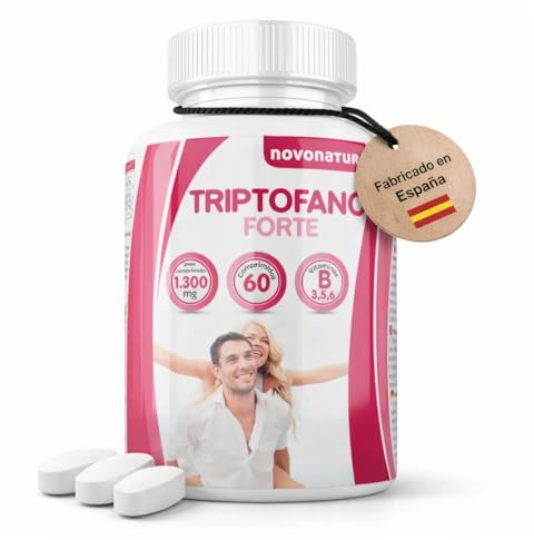 Triptofano con magnesio y vitamina b6, mas melatonina, espirulina, vitamina B3 y B5, 60 comprimidos de 1.300 mg. Antiestres, contra la ansiedad, propulsor de serotonina