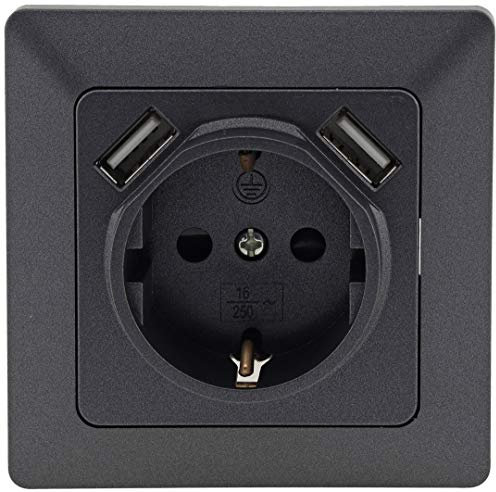 MILOS Steckdose 2x USB 3,1A 5V Unterputz 250V/16A Schutzkontakt-Steckdose 2-fach Steckklemme Anthrazit Grau