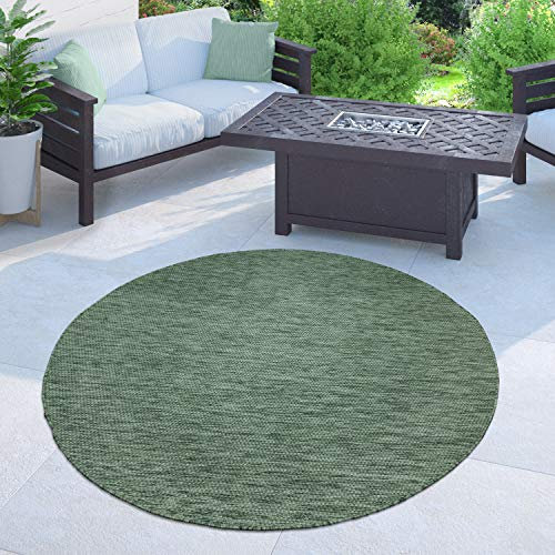 Paco Home Outdoor Teppich Flachgewebe Sisaloptik Modern Einfarbig meliert wetterfest & pflegeleicht Küchenteppich Ideal für Terrasse Balkon Garten, Grösse:120 cm Rund, Farbe:Grün