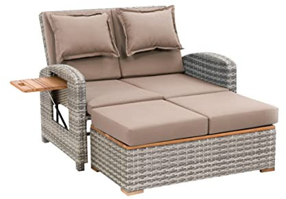 greemotion Rattan-Lounge Bahia Style 3-in-1 mit Teilen aus Teak, Gartensofa mit Bettfunktion, inkl. Hocker, grau/Taupe, ca.117 x 93 x 74 cm