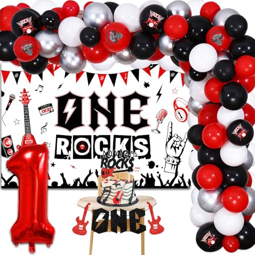 Sursurprise One Rocks 1st Birthday Decorations, Rock and Roll First Birthday Party Supplies Balloon Garland Arch Kit Backdrop Cake Topper for Music Themed Party Decor