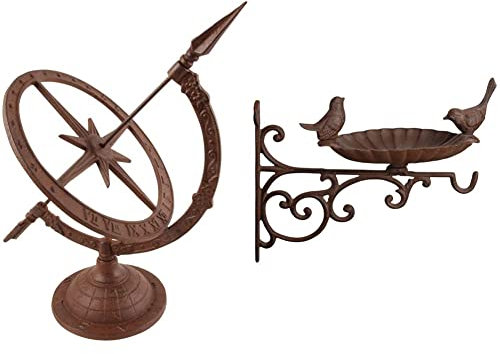 Esschert TH38 Design, Sonnenuhr M, Gusseisen, 39 x 32 x 25 cm & Wandfutterschale Gußeisen, braun, 23.6x28.1x23.4 cm, FB163