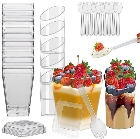 MerryNine MeeryNine - Vasos de postre transparentes con tapas y cucharas, paquete de 100 mini vasos de postre de 5.5 onzas, taza de aperitivo, mini vasos reutilizables para servir postres de fiesta