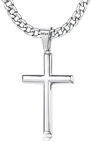 Chriscoco 925 Sterling Silver Cross Pendant Necklace for Men Women 5mm Stainless Steel Diamond-Cut Durable Cuban Link Chain Crucifix Necklace Polished Beveled Edge Cross Chain Necklace Jewelry 46CM