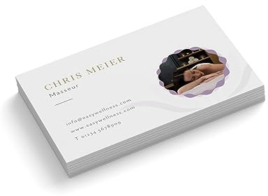 Visitenkarten mit Foto personalisieren | Masseur | 1-seitig | Querformat | Menge + Farbe zur Auswahl | selbst gestalten | hochwertig | 350 g | Massage | Praxis | Wellness (Lila, 250 Stück)
