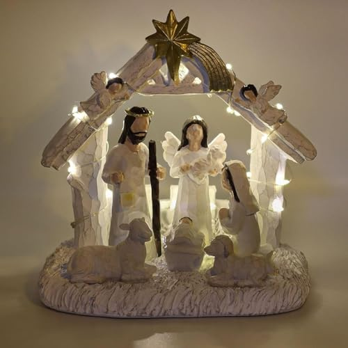 WANCHIY Nativity Set - Light Up Nativity Scene Set with LED Lights - Christmas Nativity Sets & Figures with Manger, Christian Christmas Decorations Indoor for Home Display