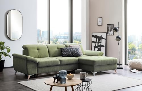 Traumnacht Toulouse Sofa 2-Sitzer mit Recamiere rechts, inkl. Schlaffunktion, Bettkasten und verstellbarem Rücken, grün, produziert nach deutschem Qualitätsstandard