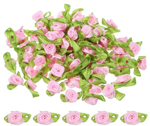 PATIKIL Mini Rose di Nastro, 200pz Piccoli Fiori Stoffa Raso con Foglie Verdi Applicazioni Rosoni per Artigianato Fai da Te Cucito Matrimonio, Rosa