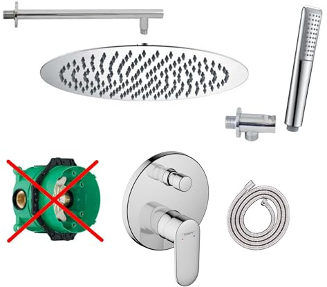 vanvilla Duschsystem Unterputz mit Duscharmatur Hansgrohe poliert HGE105-ob | Duscharmatur von Hansgrohe Vernis Blend Einhebelmischer und vanvilla Regendusche Duschkopf rund, Dusch-SET poliert