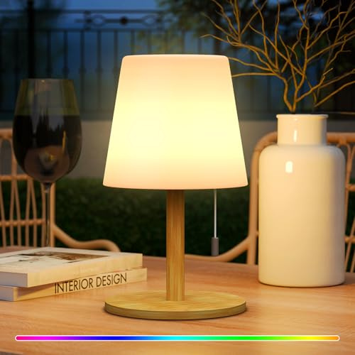 FUYO LED Tischlampe Kabellos Outdoor Akku Nachtlicht, IP44 Wasserdicht Warmweiß 8 Farben 8-20h Akku Stoßfest Tragbare für Camping Garten Balkon Terrasse (Holzoptik)