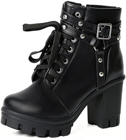 FOREADA Goth Platform Combat Boots Rivets Chunky High Heel Ankle Booties