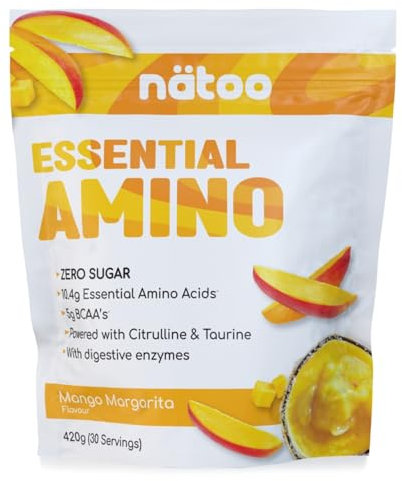 Nätoo Essential Amino Mango Margarita - Aminoacidi Essenziali in Polvere con BCAA, Vitamina C, B6, B12, Glutammina, Bromelina, Taurina, Citrullina - Prestazioni, Recupero al Top - Eaa Senza Zucchero