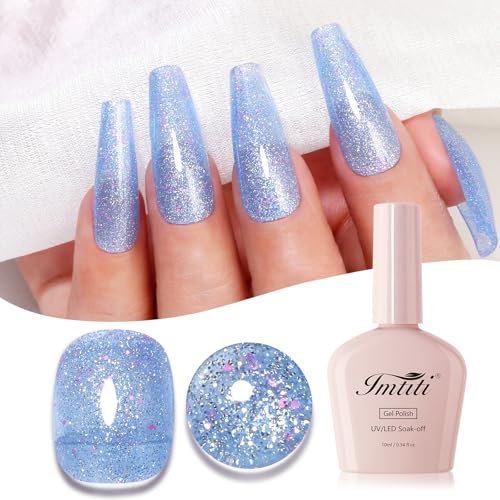 Imtiti Glitter Gel Light Blue Iridescent Nail Diamond Shimmer Sparkle Soak-Off UV/LED Polish 10ml