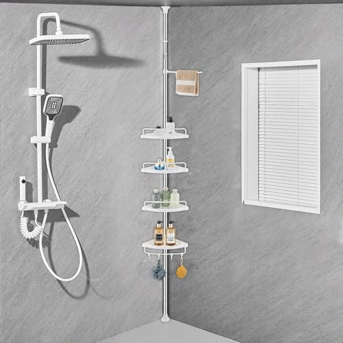 Generico Cestello doccia telescopico con 4 vassoi, 4 ganci e 1 asta porta asciugamani regolabile per l'organizzazione del bagno, Antiruggine, adatto per soffitti da 70 a 330 cm di altezza, bianco